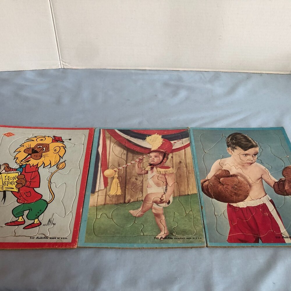 VINTAGE LOT of 3 Built Rite Board Childrens Puzzles Leonard Lion, Boxer #F58